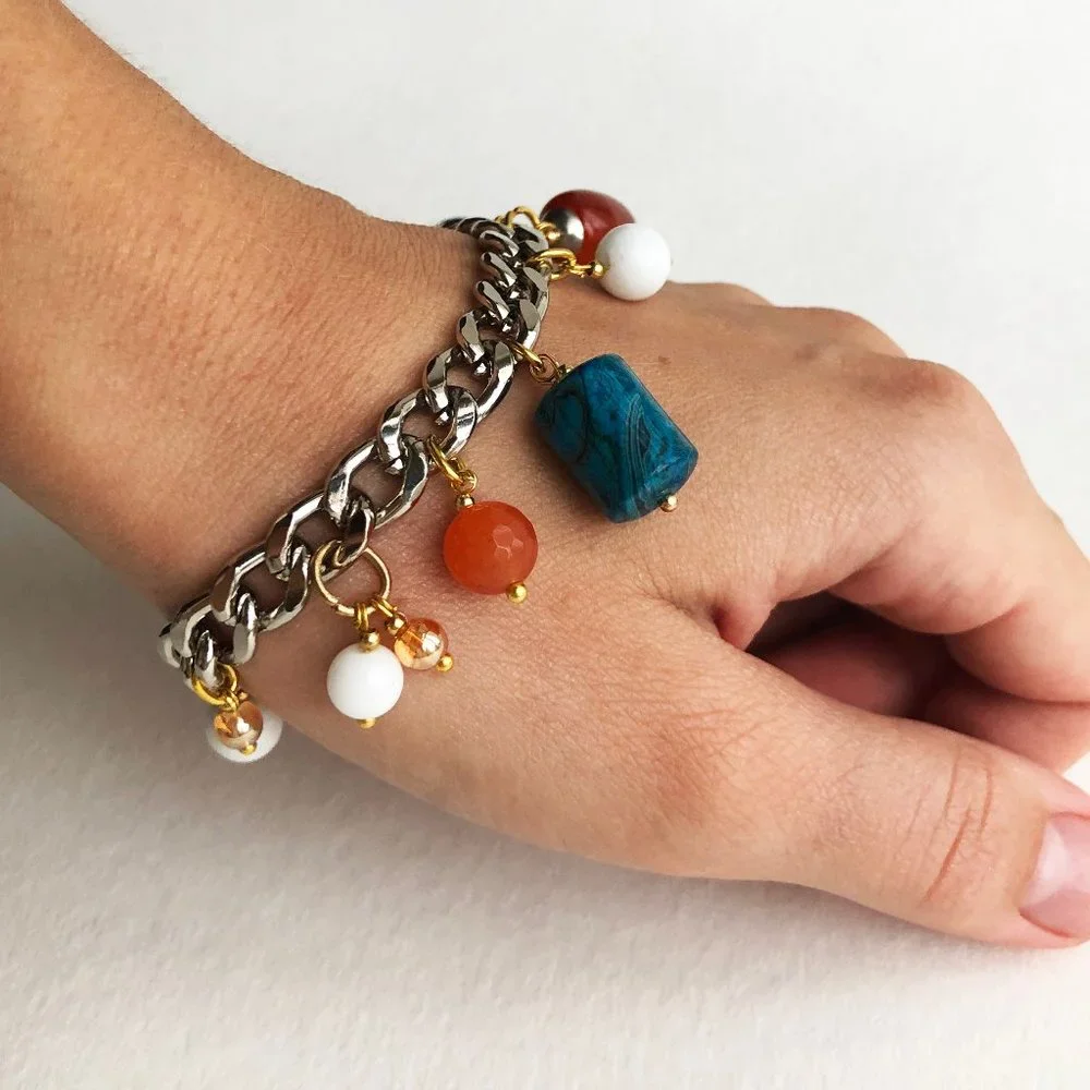 Chunky charm bracelet, curb chain bracelet silver
